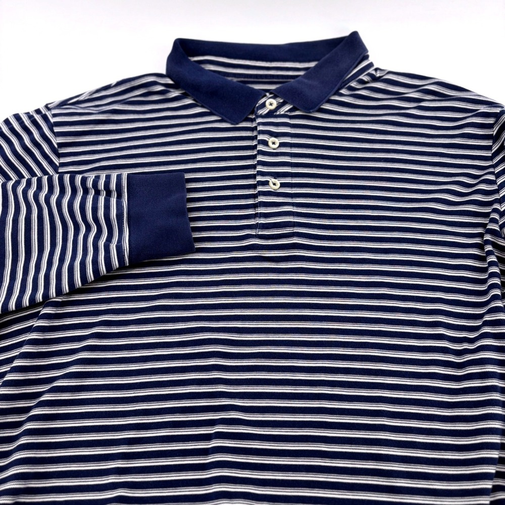 Lands End Mens Long Sleeve Striped Polo Shirt Navy Blue White Large Traditional
